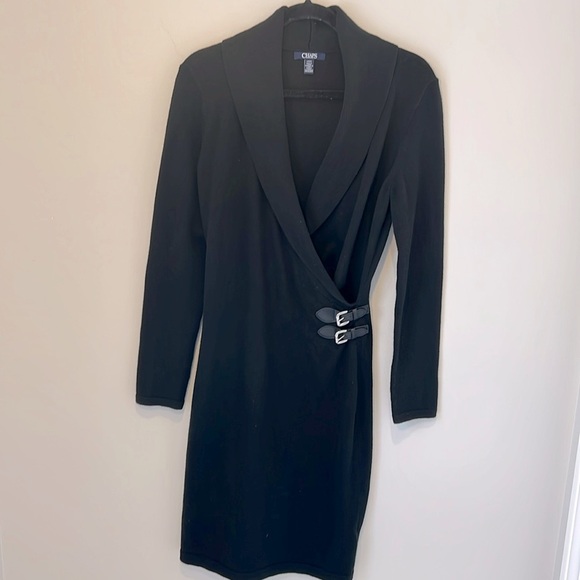 Chaps Womens Knit Wrap Black Sweater Dress Belted Adjustable Knee Length Large - Picture 2 of 16